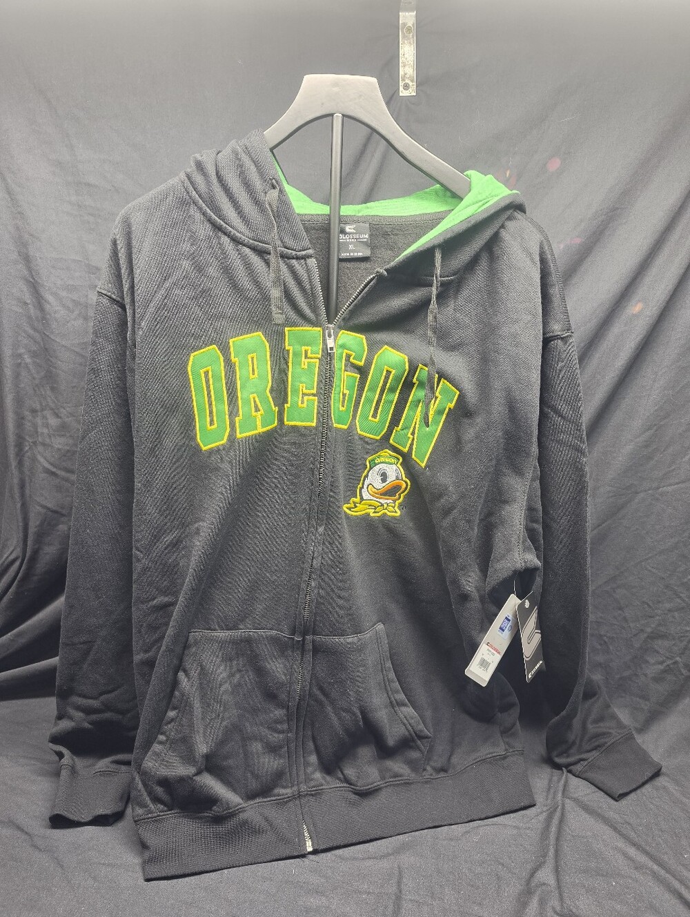 NWT Colosseum Oregon Ducks Hoodie Men's XL Black Full Zip Green Lining NCAA